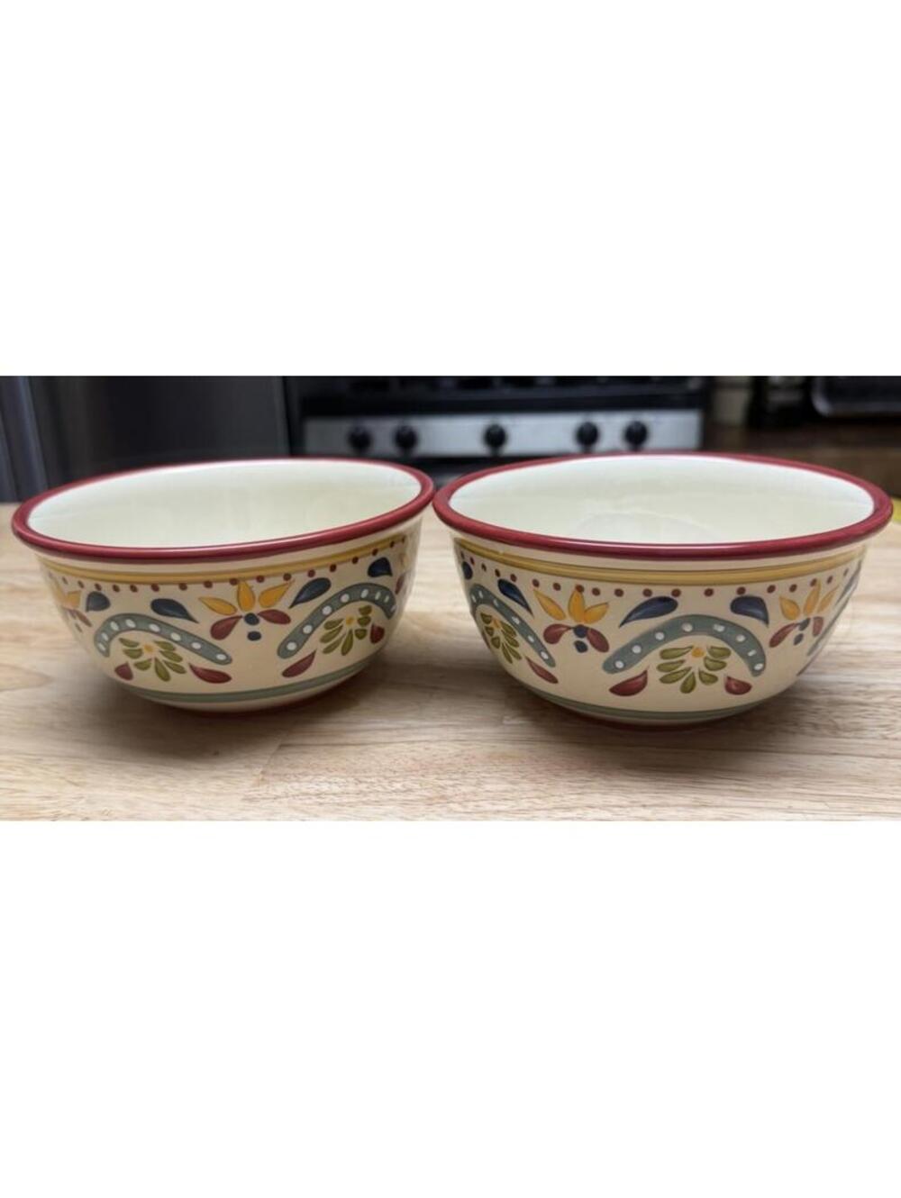 Bobby Flay Sevilla Set 2 Cereal Bowls 5.75” Spanish Multi Color Red Rim Retired